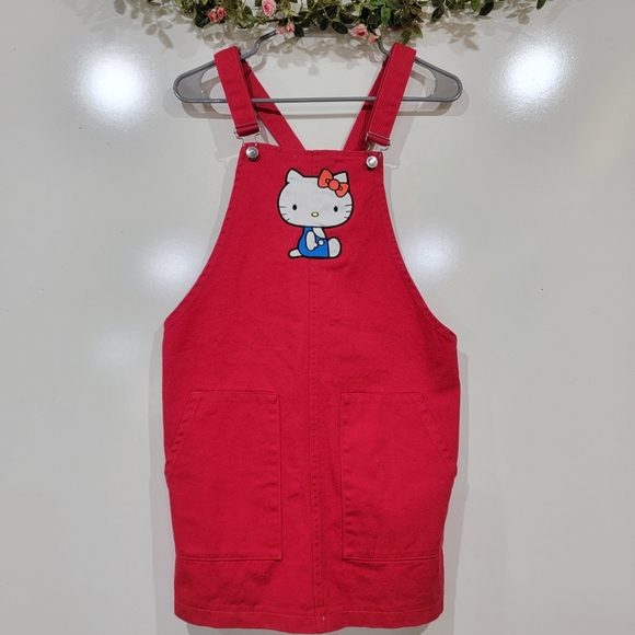 Hello Kitty Dresses & Skirts - Hello Kitty Red Denim Overall Mini Dress With Kitty On Bib